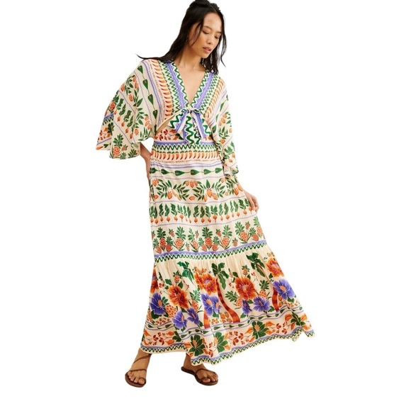 Farm Rio Floral Garden V Neck Kaftan Maxi Cutout Dress Womens S - Picture 1 of 9